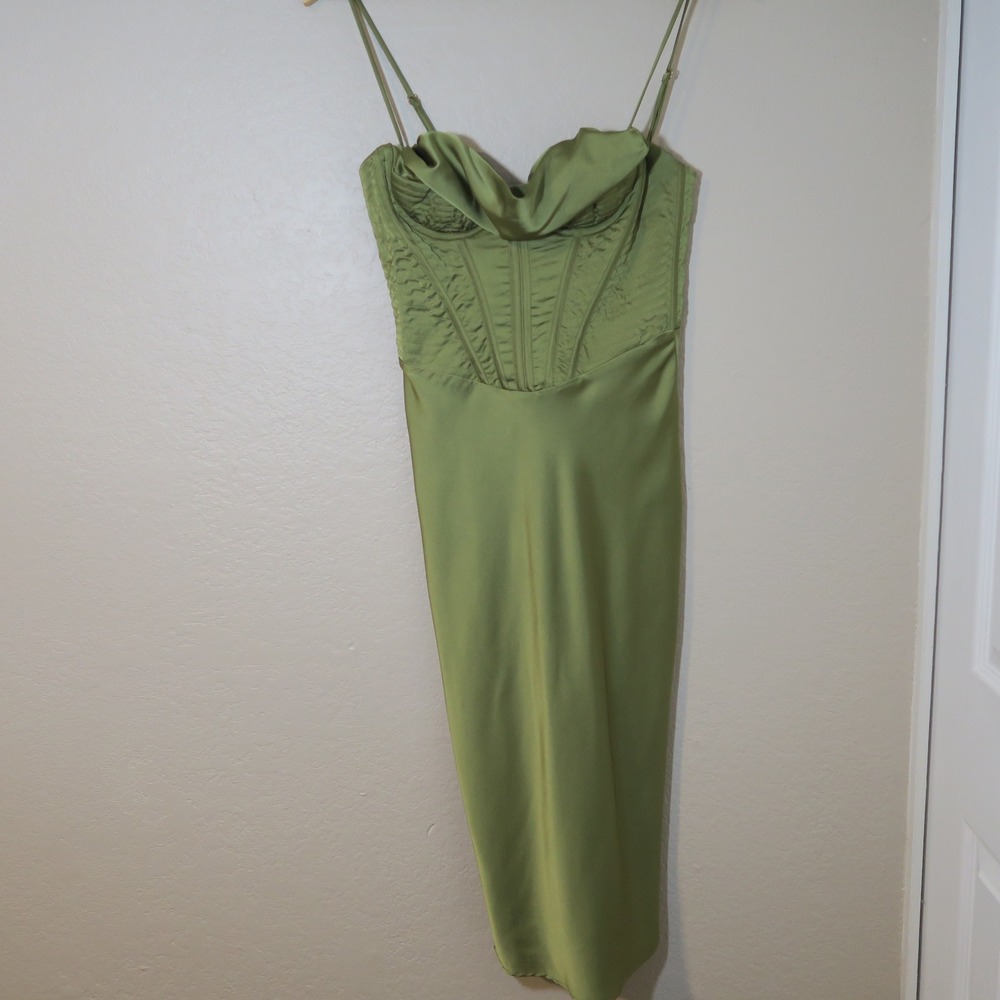 House of CB Myrna Olive Corset Satin Slip Dress Timeless Elegant - Picture 2 of 14